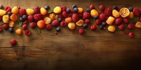 Vibrant Dried Fruits and Berries Arrangement on Rustic Wooden Background: A Delightful Culinary Image
