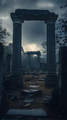 Naklejka premium Echoes of Time: Majestic Remains of a Forgotten Civilization Standing Amidst Nature's Reclamation