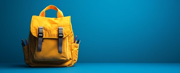 A Yellow color Bag(Backpack) Isolated in Blue , With Copy Space for Back to school Concept