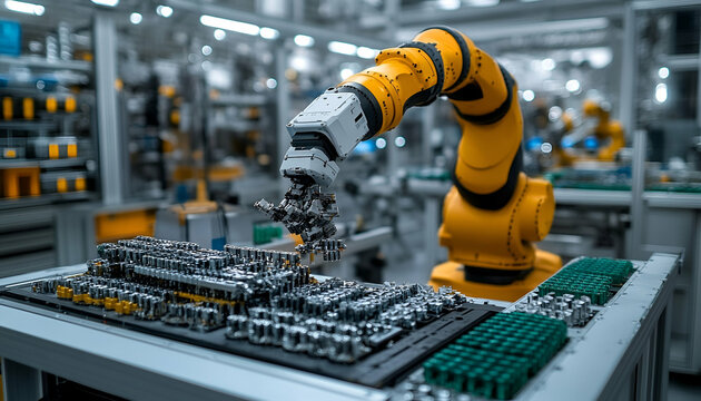 Yellow Robotic Arm Handling Metal Parts in a Modern Factory