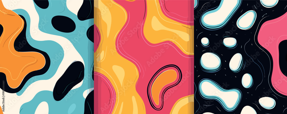 Aufkleber colorful abstract fluid patterns with wavy shapes in triptych design.