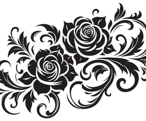 Black Rose Floral Vector Design with Ornamental Swirls and Leaves – Elegant Decorative Flower Illustration for Tattoos, Invitations, and Digital Art