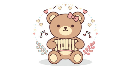 Cute bear playing a melodica surrounded by musical notes  