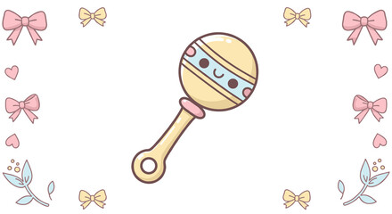 Cute baby rattle illustration with pastel colors and decorative bows  