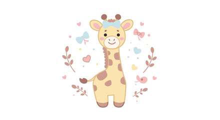 Cheerful giraffe surrounded by flowers and hearts in a cute design  