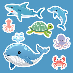 Ocean Animal Vector Set – Shark, Squid, Sea Turtle, Dolphin, Octopus, Whale, and Crab