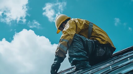 Construction Worker on Roof Under Clear Sky