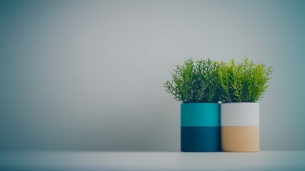 Two modern plant pots with vibrant greenery on a minimalist shelf against a soft background