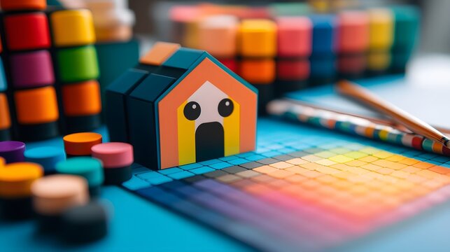Colorful Paper House Model and Art Supplies Flatlay - Powered by Adobe