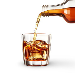 Whiskey pouring into glass with ice in dramatic lighting
