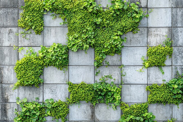 Living wall of green plants on modular concrete blocks creating a natural design