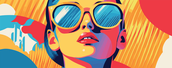 Colorful pop art of woman wearing sunglasses with reflective lenses and bold graphic design.