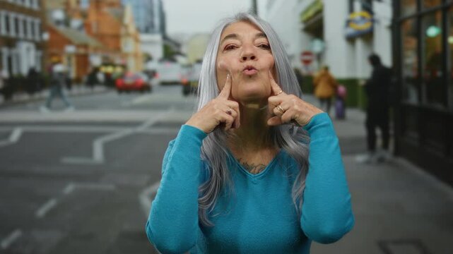 Grey-haired senior woman making a playful expression on a busy urban street, showcasing street life with cars and pedestrians in the background.