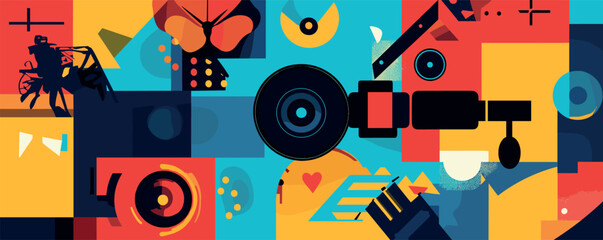 Colorful abstract geometric collage with camera and butterfly elements in vibrant patterns.
