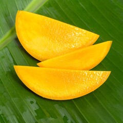 Juicy Alphonso mango wedges glistening with morning dew on banana leaf, revealing golden fiber patterns.