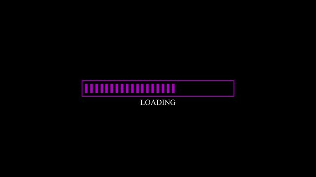 Glitch loading bar. Animation of cyberpunk style loading bar with glitch effect. Futuristic uploading progress bar with distortion effect isolated on black background. Loading screen cyberpunk style.