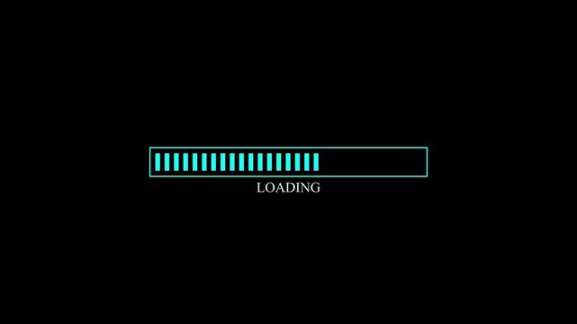 Glitch loading bar. Animation of cyberpunk style loading bar with glitch effect. Futuristic uploading progress bar with distortion effect isolated on black background. Loading screen cyberpunk style.