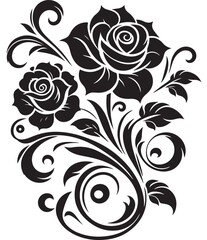 Black Rose Floral Vector Design with Ornamental Swirls and Leaves – Elegant Decorative Flower Illustration for Tattoos, Invitations, and Digital Art