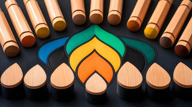 Colorful Wooden Crayons and Abstract Design on Dark Background - Powered by Adobe