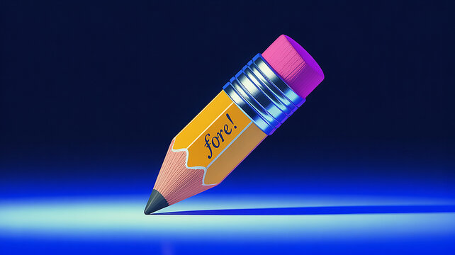 A yellow pencil with pink eraser displaying the word fore on a blue background