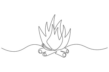 Continuous one line drawing of Bright bonfire. Single line drawing illustration of Burning bonfire. Wood and fire concept vector art. Doodle line illustration.