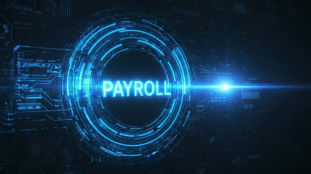 sci-fi business concept, Payroll Business finance concept on virtual screen. 3d illustration, Futuristic technology interface, glowing blue circular holographic display, digital data visualization, 
