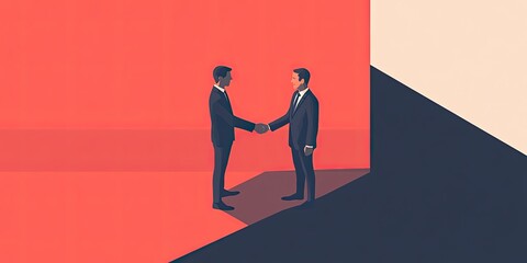 Strategic Partnership: Two Businessmen Shake Hands, Sealing a Deal Against a Bold Geometric Background