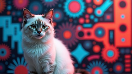Cat on background geometry abstract paints