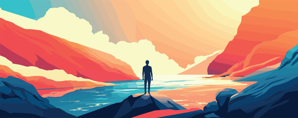 Silhouette of person on rock overlooking vibrant desert lake at sunset with colorful sky.