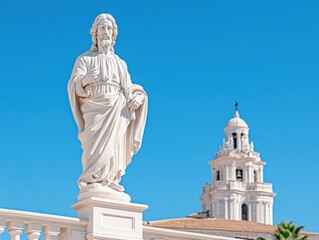 Fototapeta premium Statue of a religious figure, overlooking a church