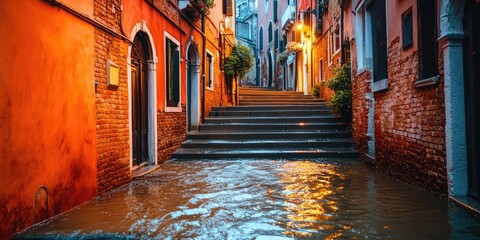 Flooded Venetian Alleyway: A Captivating Night Scene in Venice, Italy