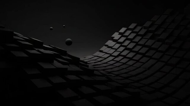 3d rendering, 4k resolution, Dark geometric shapes, black cubes, abstract 3D composition, minimalist design, shadow play, Geometric Shapes Form a Wave, Abstract motion, two color, 