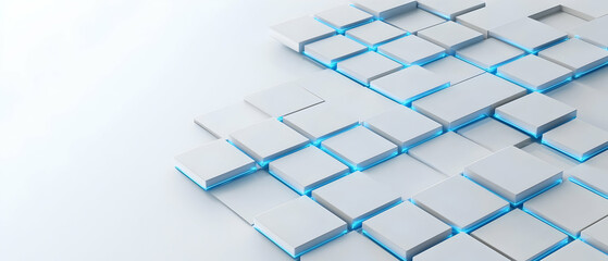 Abstract Geometric Pattern Of Interlocking White Cubes With Glowing Blue Lines