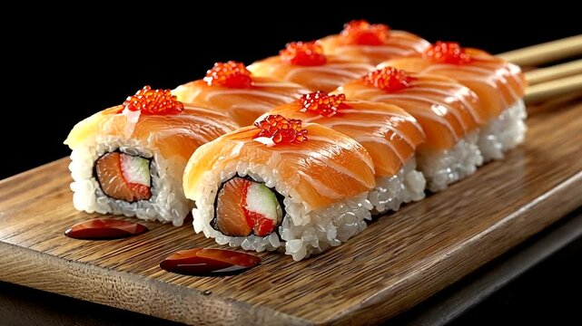 Sushi rolls on wooden board.