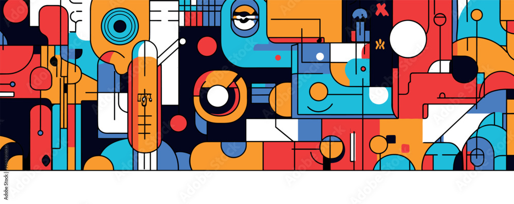 Poster abstract colorful geometric art with circles and rectangles in red, blue, and yellow patterns.