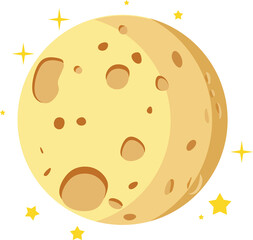 Cartoon moon with craters and stars around it. space theme, children's books, and astronomy