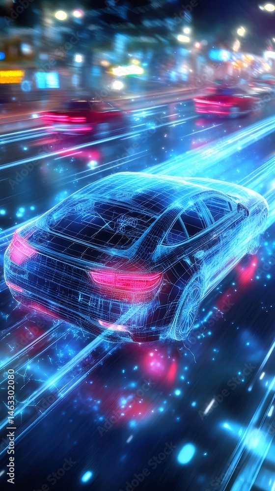 Aufkleber サイバー空間を駆ける自動運転車の未来的なイメージ 青い光跡とデジタル接続された車の抽象的な描写