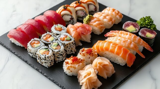 Japanese sushi platter with tuna, salmon, shrimp and maki variety