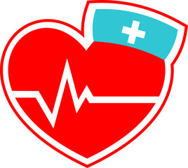 a heart with a nurse's hat on it, red heart health icon with heartbeat line 