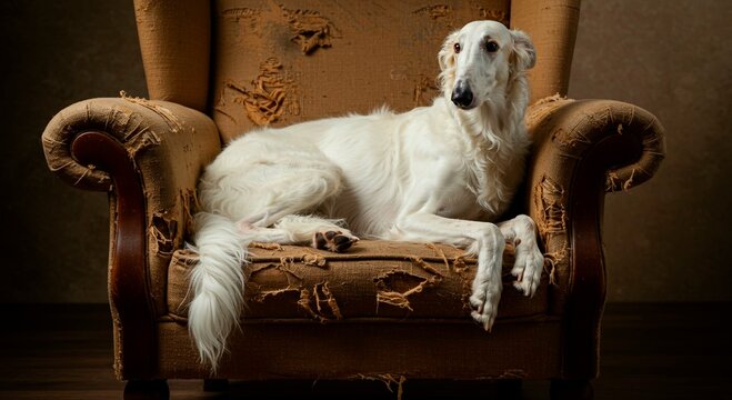 White borzoi dog lounging on a tattered brown armchair in a dimly lit room with a dark background - Powered by Adobe