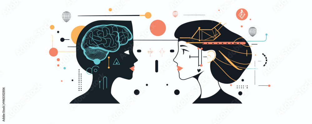 Aufkleber digital illustration of human and ai profiles facing each other with brain and network elements.