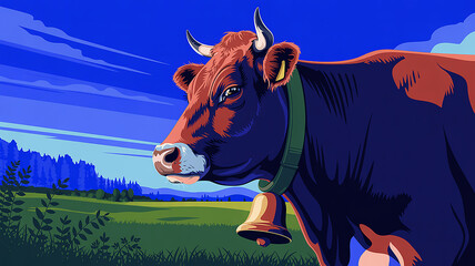 Closeup of a cow with bell in a scenic grassland under blue sky