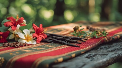 Handwoven lamba cloth adorned with fresh vanilla pods and tropical hibiscus flowers, illuminated by warm golden sunlight with soft rainforest backdrop. A vibrant tribute to Madagascar Independence Day