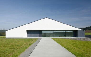 Fototapeta premium Modern, minimalist building. A contemporary structure with a sloping roof and large windows