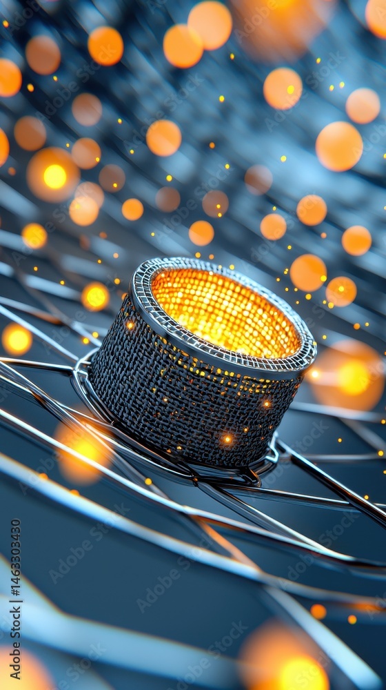 Poster abstract 3d rendering of a metallic cylinder with glowing orange particles, set against a dark blue 