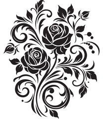 Black Rose Floral Vector Design with Ornamental Swirls and Leaves – Elegant Decorative Flower Illustration for Tattoos, Invitations, and Digital Art