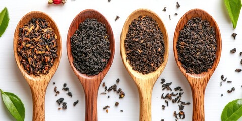 Assortment of Dried Tea Leaves in Wooden Spoons: A Delightful Selection of Black Teas, Herbal Infusions, and Aromatic Blends for Brewing