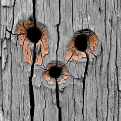 Close up of weathered gray wood with three bullet holes, showing orange discoloration around the holes. The wood is cracked and shows signs of age