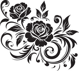 Black Rose Floral Vector Design with Ornamental Swirls and Leaves – Elegant Decorative Flower Illustration for Tattoos, Invitations, and Digital Art