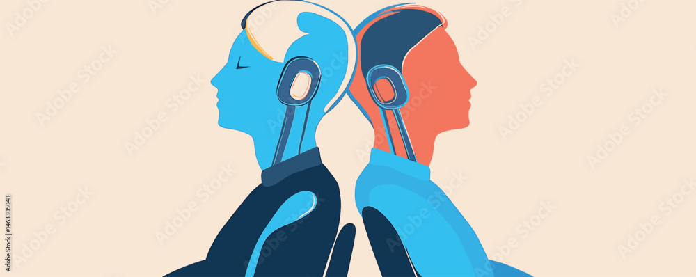 Poster futuristic concept of two humanized robots in back-to-back pose reflecting dual perspectives.